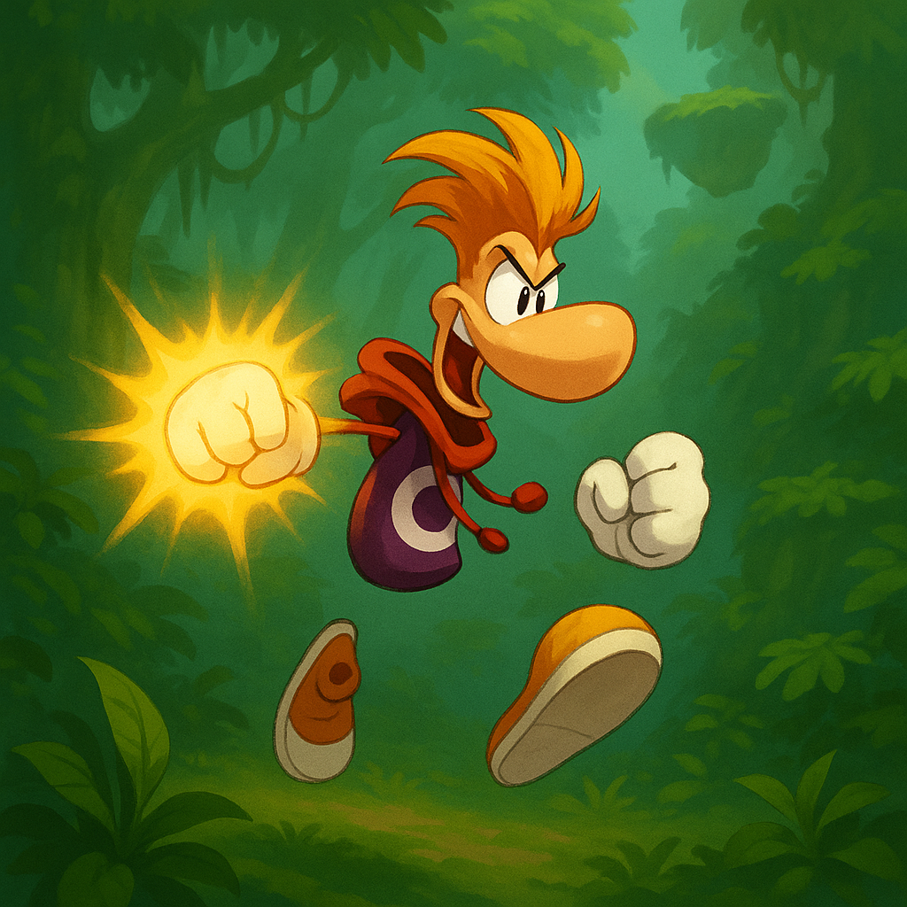 AI-generated image of Rayman punching forward with a glowing fist.