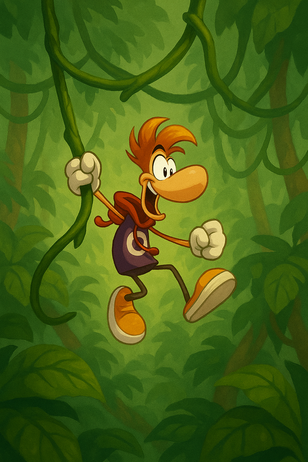 AI-generated image of Rayman swinging on vines in a jungle environment.